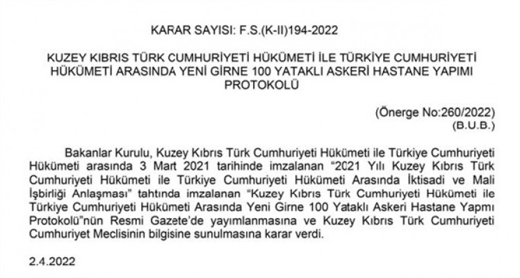 “Yeni Girne 100 yataklı Askeri Hastane yapımı protokolü” Resmi Gazete’de